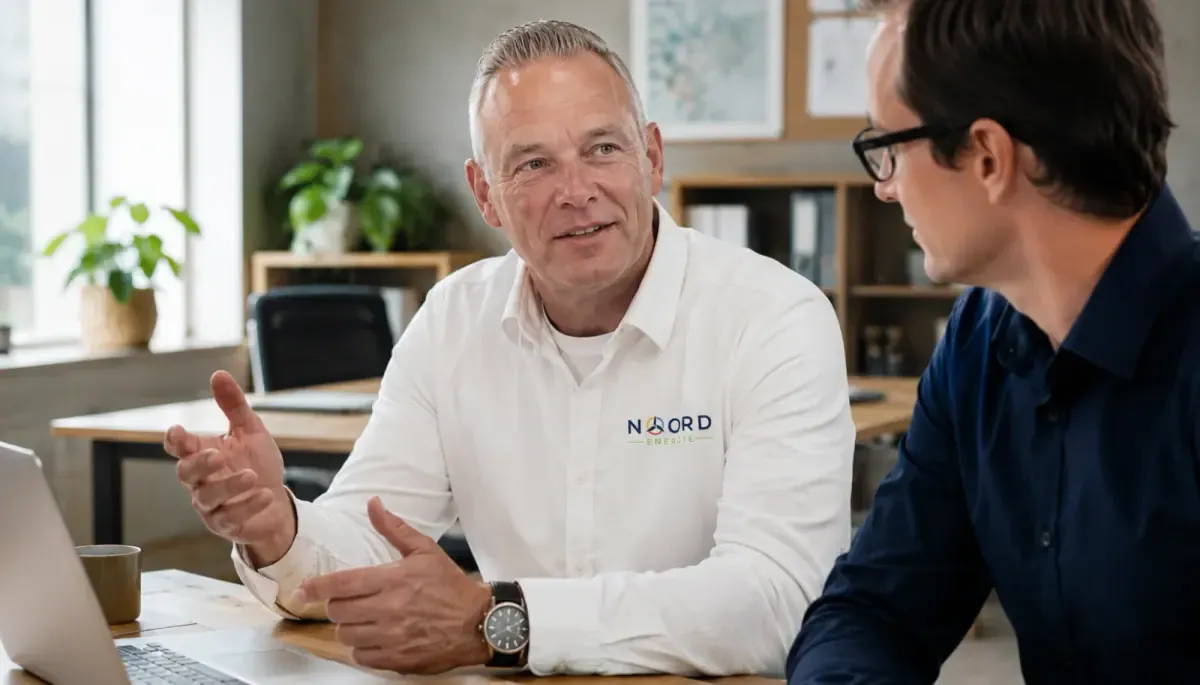 Een adviseur van Noord Energie in gesprek aan tafel